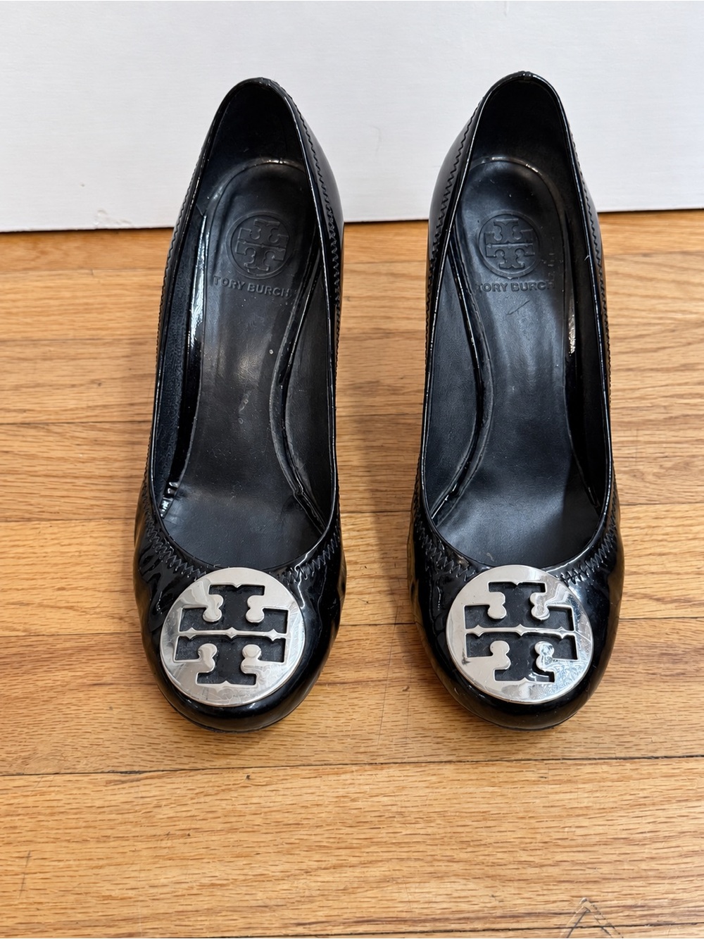 Tory Burch Black Patent Logo Round-Toe Wedge Pump Heels, Size 8.5